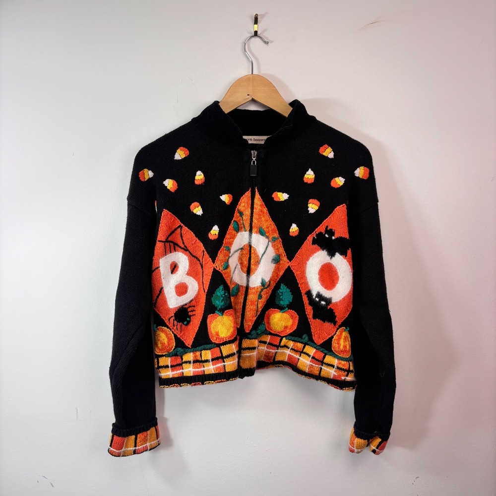 Vintage 90s Lauren Hansen Halloween BOO Candy Corn Zip Sweater Size Large